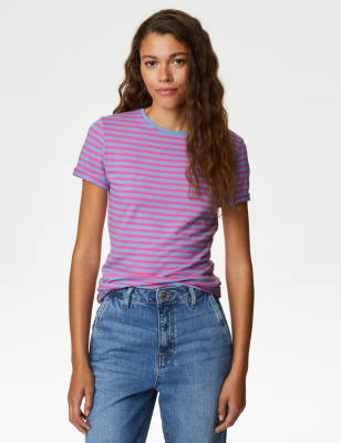 

Womens M&S Collection Cotton Rich Striped Slim Fit T-Shirt - Light Blue Mix, Light Blue Mix
