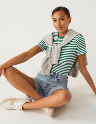 

M&S Collection Camiseta ajustada de rayas de algodónWomens - Green Mix, Green Mix