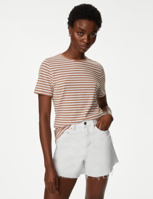 

Womens M&S Collection Cotton Rich Striped Slim Fit T-Shirt - Brown Mix, Brown Mix