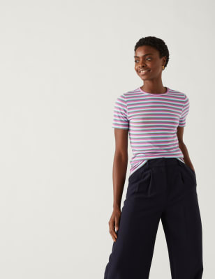 

Womens M&S Collection Gestreiftes T-Shirt mit hohem Baumwollanteil und schmaler Passform - Multi, Multi