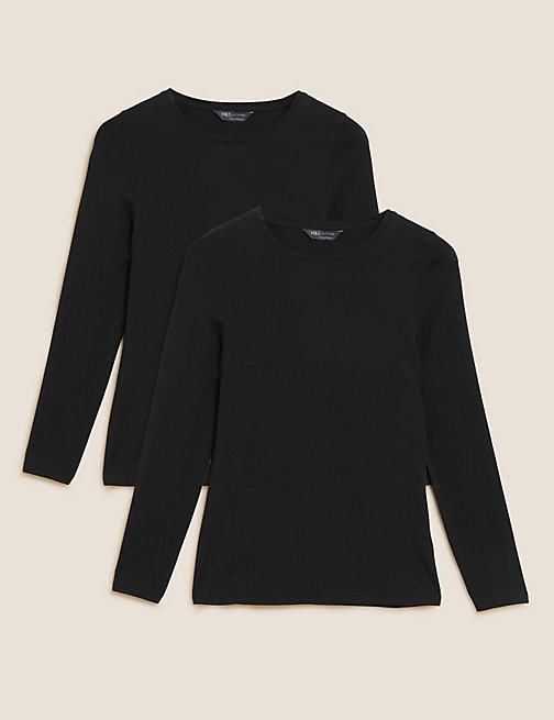 Marks And Spencer Womens M&S Collection 2pk Cotton Rich Slim Fit Tops - Black/Black, Black/Black