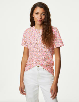 

Womens M&S Collection Cotton Rich Printed Slim Fit T-Shirt - Bright Pink Mix, Bright Pink Mix