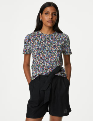 

Womens M&S Collection Cotton Rich Printed Slim Fit T-Shirt - Light Blue Mix, Light Blue Mix