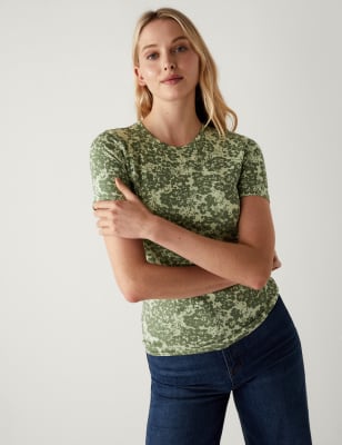 

Womens M&S Collection Cotton Rich Printed Slim Fit T-Shirt - Green Mix, Green Mix