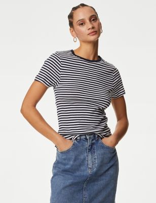 M&S Womens Pure Cotton Striped Slim Fit T-Shirt - 8 - Navy Mix, Navy Mix,Blue Mix,Pink Mix