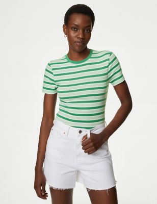 

Womens M&S Collection Pure Cotton Striped Slim Fit T-Shirt - Green Mix, Green Mix
