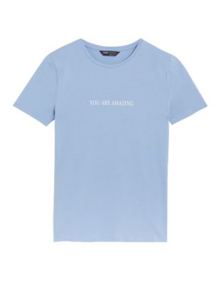 

Womens M&S Collection Cotton Rich Slogan Fitted T-Shirt - Medium Blue, Medium Blue