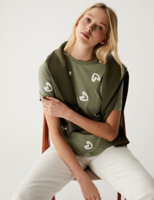 

Womens M&S Collection Pure Cotton Printed Everyday Fit T-Shirt - Khaki Mix, Khaki Mix
