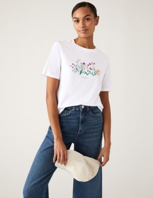 

Womens M&S Collection Alltagstaugliches T-Shirt aus reiner Baumwolle mit Muster - White Mix, White Mix