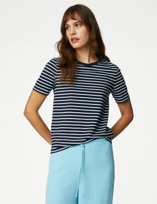 

Womens M&S Collection Pure Cotton Striped Everyday Fit T-Shirt - Turquoise, Turquoise