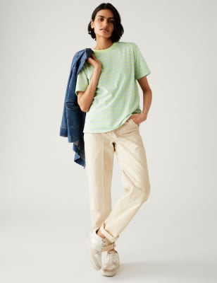 

Womens M&S Collection Alltagstaugliches T-Shirt aus reiner Baumwolle mit Streifenmuster - Pale Blue Mix, Pale Blue Mix
