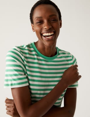 

M&S Collection Camiseta 100% algodón de rayas Everyday FitWomens - Green Mix, Green Mix