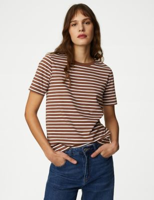 M&S Women's Pure Cotton Striped Everyday Fit T-Shirt - 8 - Brown Mix, Brown Mix,White Mix,Leaf Mix,P