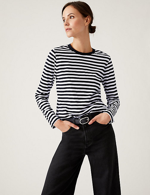 Marks And Spencer Womens M&S Collection Pure Cotton Striped Everyday Fit Top - Black Mix, Black Mix