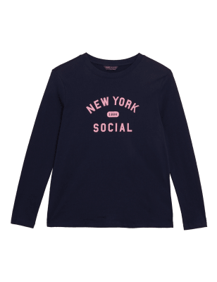 

Womens M&S Collection Pure Cotton Slogan Long Sleeve Top - Navy, Navy