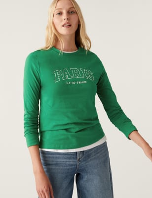 

Womens M&S Collection Pure Cotton Slogan Everyday Fit Top - Green, Green