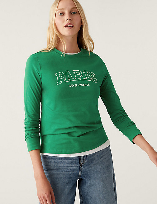 Marks And Spencer Womens M&S Collection Pure Cotton Slogan Everyday Fit Top - Green