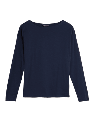 

Womens M&S Collection Pure Cotton Slash Neck Long Sleeve Top - Navy, Navy