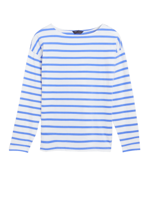 

Womens M&S Collection Pure Cotton Striped Slash Neck Top - Blue Mix, Blue Mix