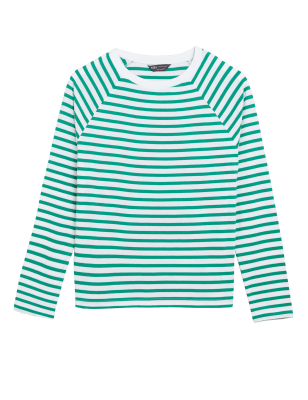 

Womens M&S Collection Pure Cotton Striped Crew Neck Top - Green Mix, Green Mix