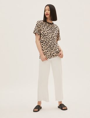 Marks And Spencer Womens M&S Collection Pure Cotton Animal Print Oversized T-Shirt - Soft Brown Mix