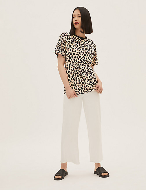 Marks And Spencer Womens M&S Collection Pure Cotton Animal Print Oversized T-Shirt - Soft Brown Mix, Soft Brown Mix
