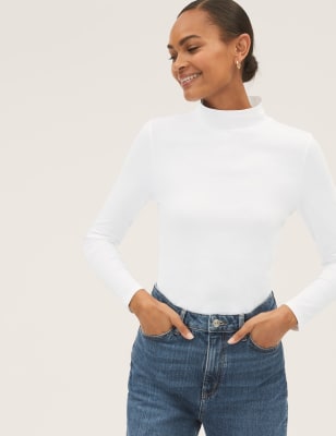 

M&S Collection Top de algodón ajustado de manga largaWomens - Soft White, Soft White