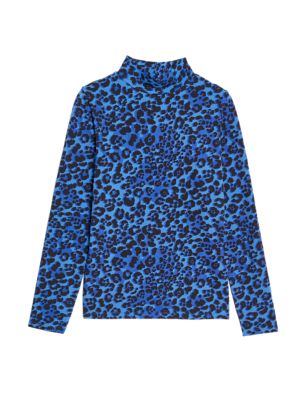 Womens M&S Collection Cotton Rich Printed Funnel Neck Top - Blue Mix