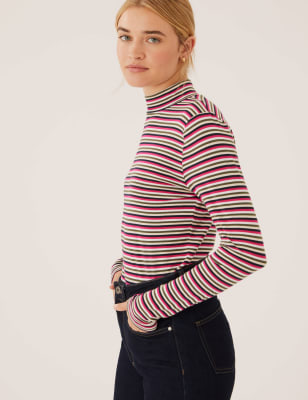 

Womens M&S Collection Schmal geschnittenes Oberteil mit hohem Baumwollanteil und Streifen - Pink Mix, Pink Mix