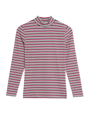 

Womens M&S Collection Cotton Rich Striped Funnel Neck Fitted Top - Pink Mix, Pink Mix