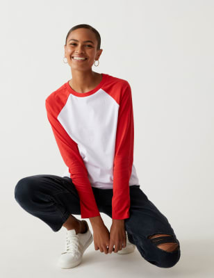 

Womens M&S Collection Langarm-T-Shirt aus reiner Baumwolle mit Rundhalsausschnitt - Red Mix, Red Mix