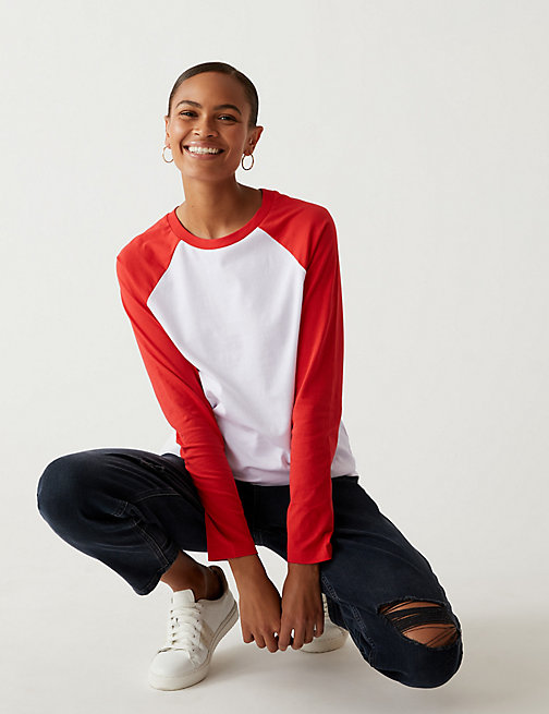 Marks And Spencer Womens M&S Collection Pure Cotton Crew Neck Long Sleeve T-Shirt - Red Mix, Red Mix