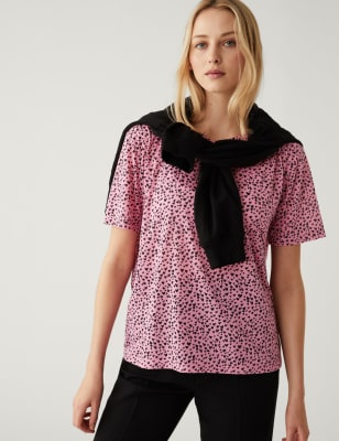 

Womens M&S Collection Printed Crew Neck Relaxed T-Shirt - Pink Mix, Pink Mix
