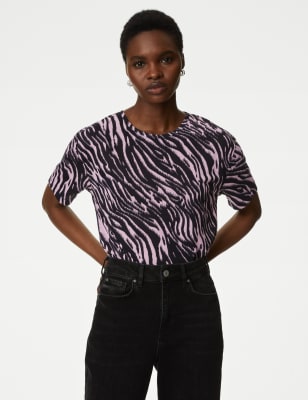 

Womens M&S Collection Gemustertes T-Shirt mit Rundhalsausschnitt und bequemer Passform - Bright Pink Mix, Bright Pink Mix