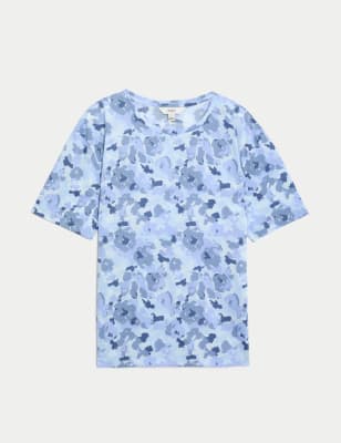 

Womens M&S Collection Printed Crew Neck Relaxed T-Shirt - Blue Mix, Blue Mix