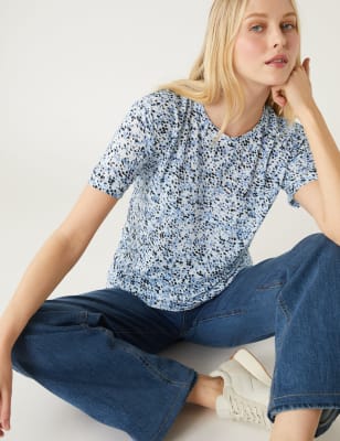 

Womens M&S Collection Printed Crew Neck Relaxed T-Shirt - Light Blue Mix, Light Blue Mix