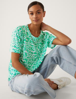

Womens M&S Collection Printed Crew Neck Relaxed T-Shirt - Light Green Mix, Light Green Mix