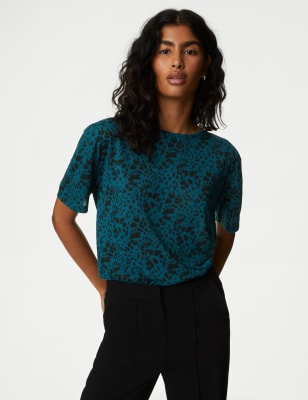 

Womens M&S Collection Printed Crew Neck Relaxed T-Shirt - Dark Teal, Dark Teal