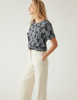 

Womens M&S Collection Gemustertes T-Shirt mit Rundhalsausschnitt und bequemer Passform - Black Mix, Black Mix