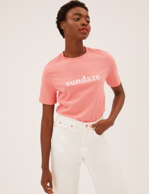 

Womens M&S Collection Pure Cotton Slogan Crew Neck T-Shirt - Watermelon, Watermelon