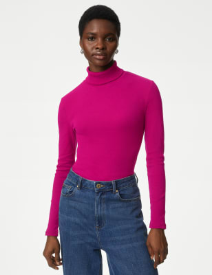 

Womens M&S Collection Cotton Rich Roll Neck Ribbed Top - Cerise, Cerise