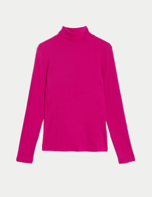 Cotton Rich Roll Neck Ribbed Top