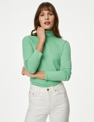 Cotton Rich Roll Neck Ribbed Top - IS