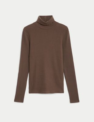 Cotton Rich Roll Neck Ribbed Top