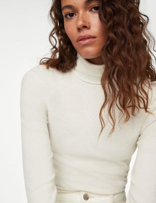 Cotton Blend Roll Neck Ribbed Top