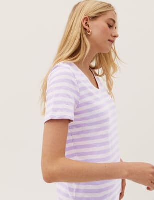 

Womens M&S Collection Pure Cotton Striped V-Neck T-Shirt - Dark Khaki, Dark Khaki