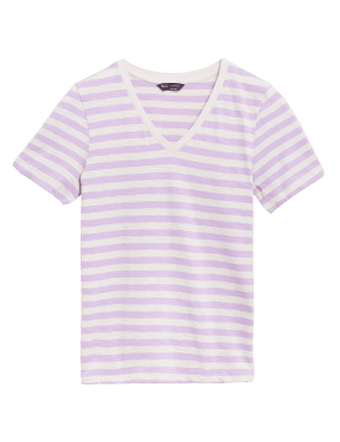 

Womens M&S Collection Pure Cotton Striped V-Neck T-Shirt - Dusted Lilac, Dusted Lilac