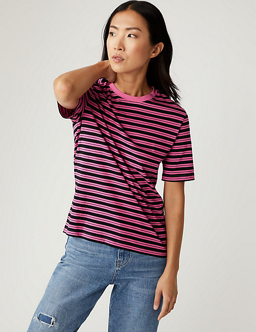 Marks And Spencer Womens M&S Collection Pure Cotton Striped Everyday Fit T-Shirt - Medium Pink, Medium Pink
