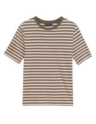 

Womens M&S Collection Pure Cotton Striped Straight Fit T-Shirt - Khaki Mix, Khaki Mix