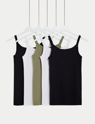 M&S Women's 5pk Pure Cotton Slim Fit Vests - 8 - Black/White, Black/White